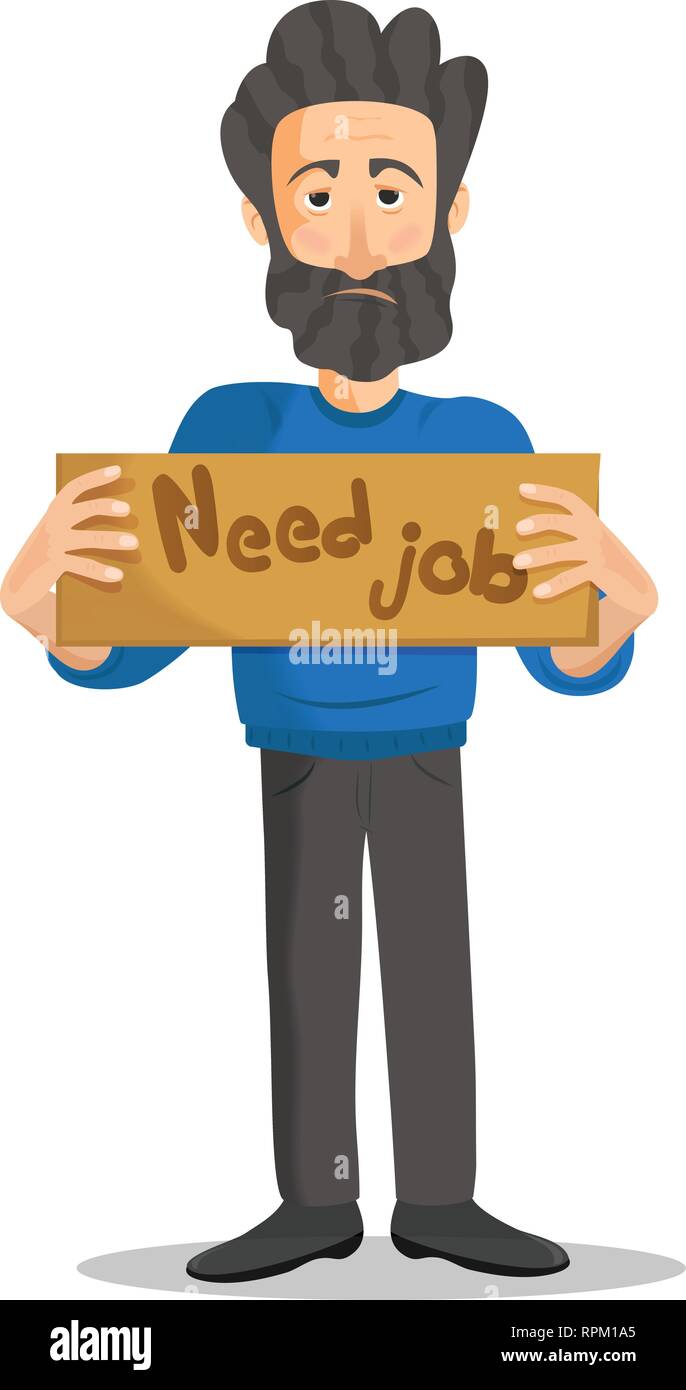 Mann, unterzeichnen Sie einen Job, arbeitslose Menschen suchen Arbeit auf weißem Hintergrund Stock Vektor