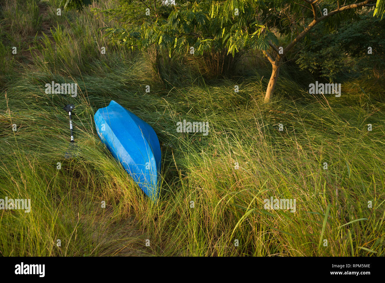 Verlassene blau Kanu Stockfoto