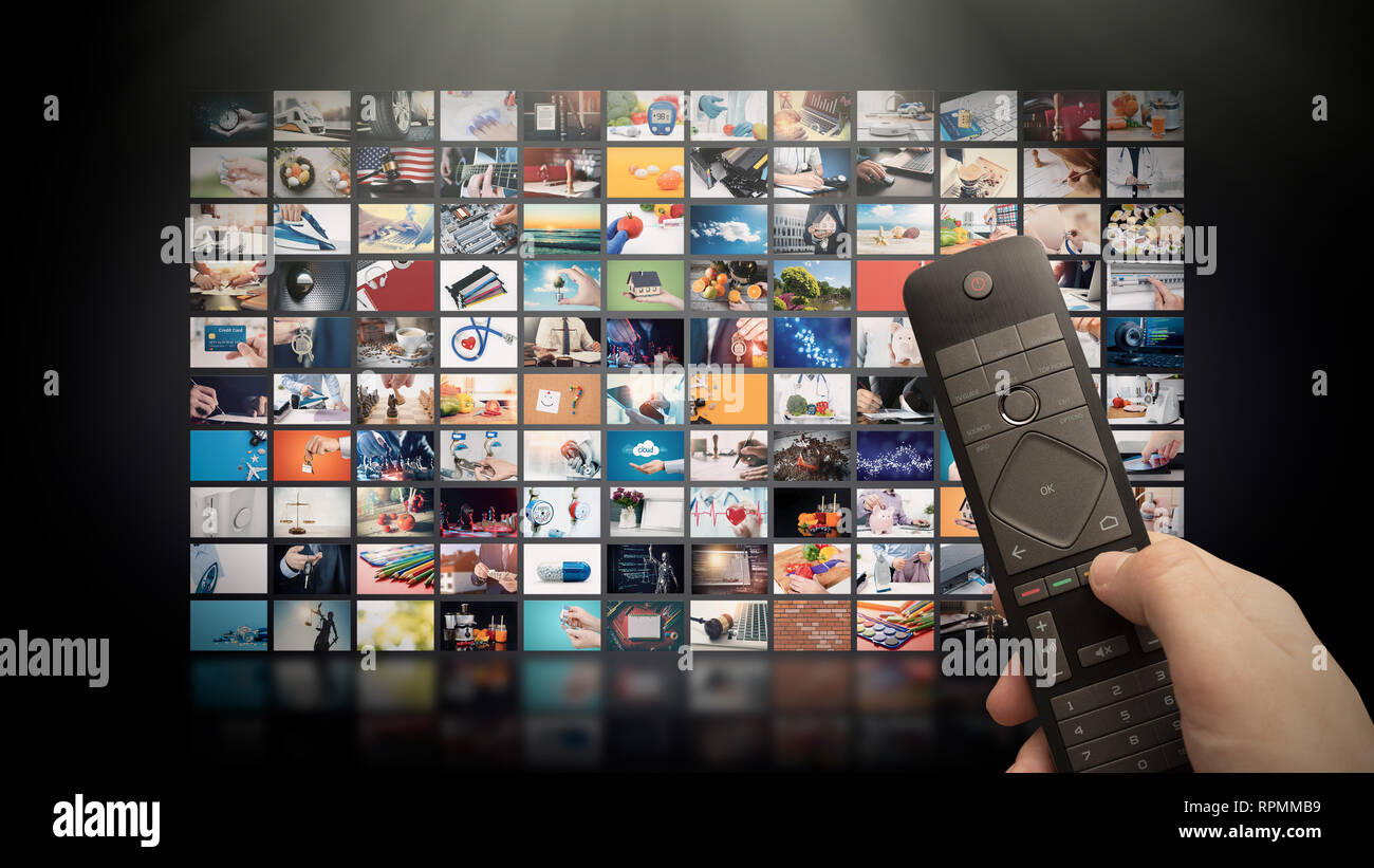 Fernsehen streaming Video Konzept. Media TV video-on-demand-Technologie. Video Service mit Internet Streaming Multimedia Shows, Serien. Digitale colla Stockfoto