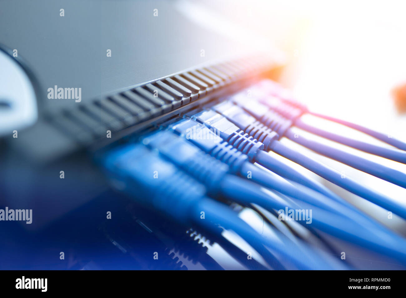 Netzwerk Infrastruktur, Switch oder router Buchse, Kabel-Verbindungen. Ethernet, drahtgebundene Übertragung, Data Center Konzept Stockfoto