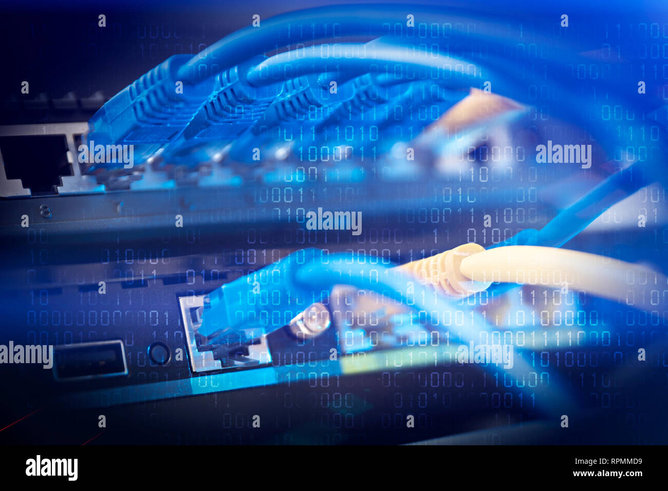 Netzwerk Infrastruktur, Switch oder router Buchse, Kabel-Verbindungen. Ethernet, drahtgebundene Übertragung, Data Center Konzept Stockfoto