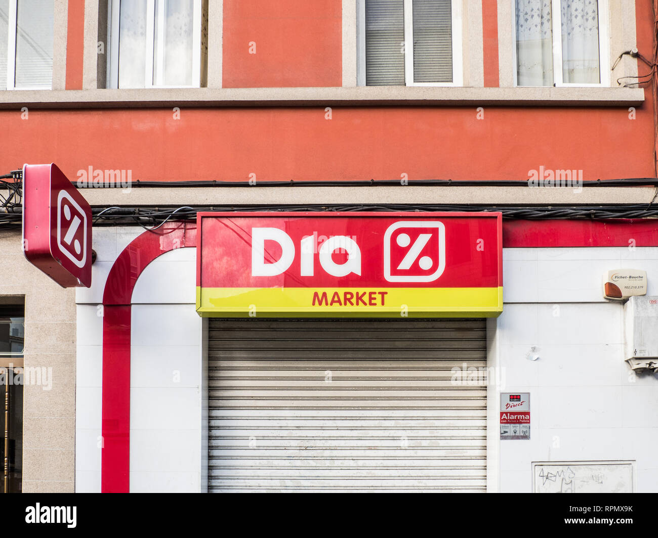 A Coruña, Spanien Februar 10, 2019 Zeichen der Dia-Markt Stockfoto