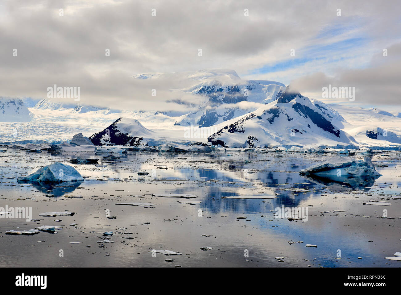 Abgebildet sind Eisberge an der South Atlantic. Diese winterliche Szene war von einem Boot aus gefangen. Stockfoto