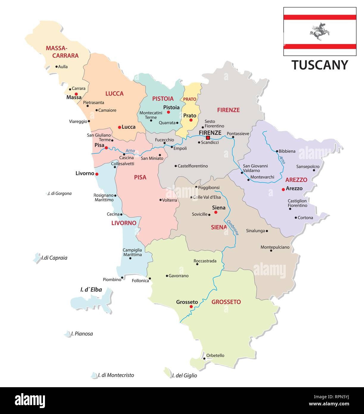 Toskana administrative und politische Karte mit Fahne Stock Vektor