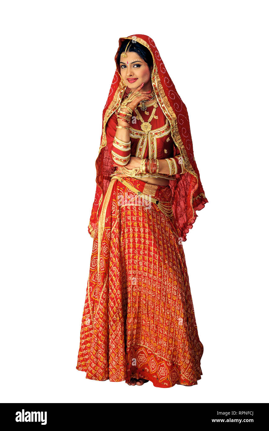 Das Porträt einer Braut aus Rajasthan gekleidet in der Tracht und Schmuck Stockfoto