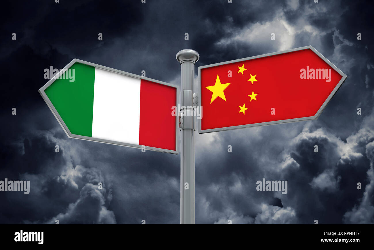 China und Italien Flagge zeichen Verschieben in andere Richtung. 3D-Rendering Stockfoto