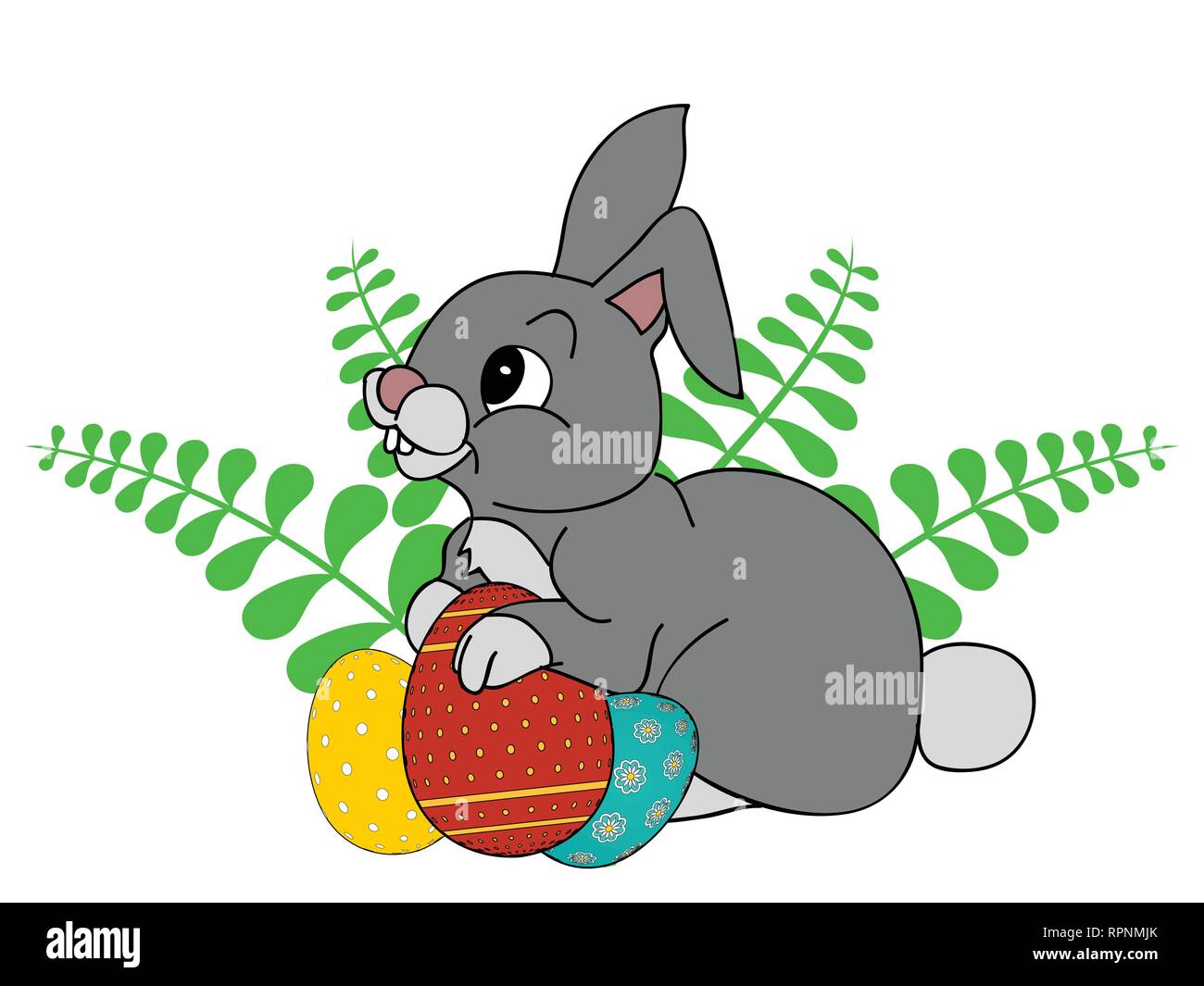Hand gezeichnet Osterhase mit verzierten Eiern auf weißem Hintergrund