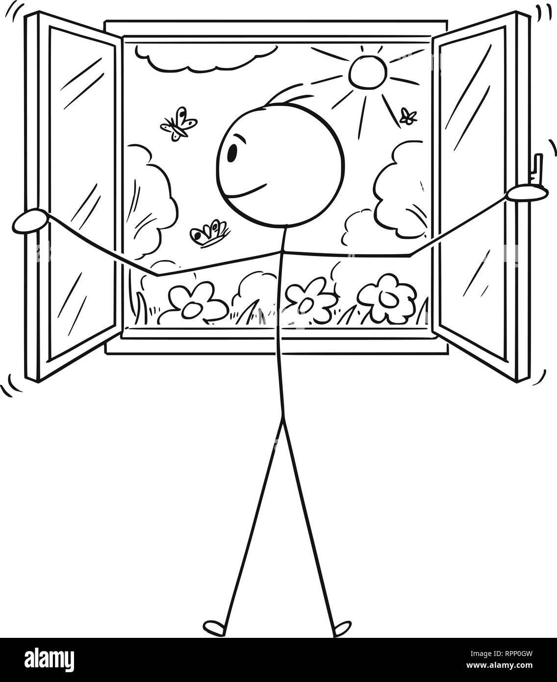 Cartoon des Menschen öffnen Fenster zum Garten oder Natur Stock Vektor