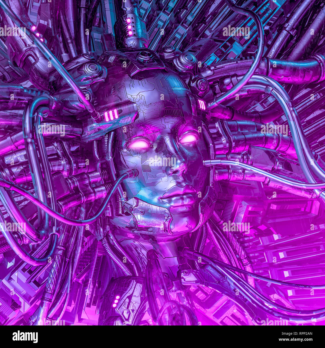 Dreaming in code/3D Abbildung: Roboter science fiction weibliche künstliche Intelligenz computer Core fest verdrahtet Stockfoto