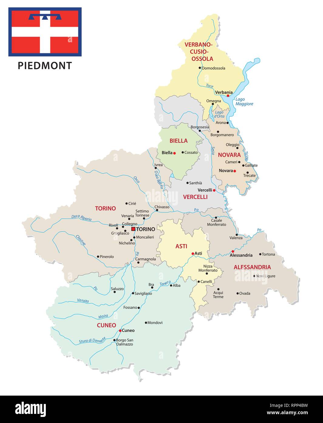 Piemont administrative und politische Vektorkarte mit Fahne Stock Vektor