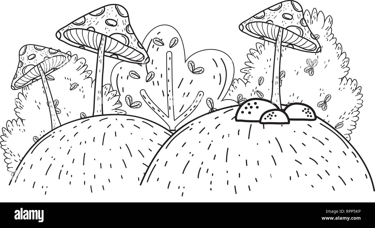 Schönen Garten Bush und Pilz Landschaft Szene Stock Vektor