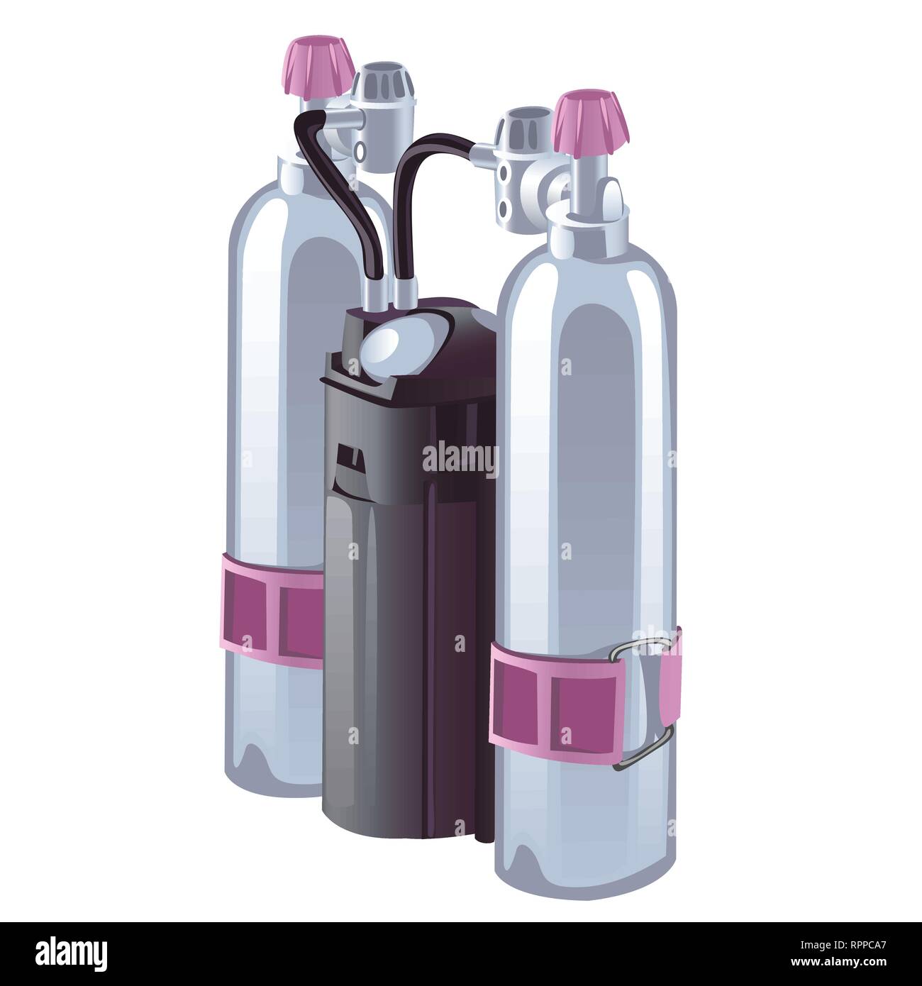 Gasflaschen mit Druckminderer für die Atmung auf weißem Hintergrund. Vektor cartoon Close-up Abbildung. Stock Vektor