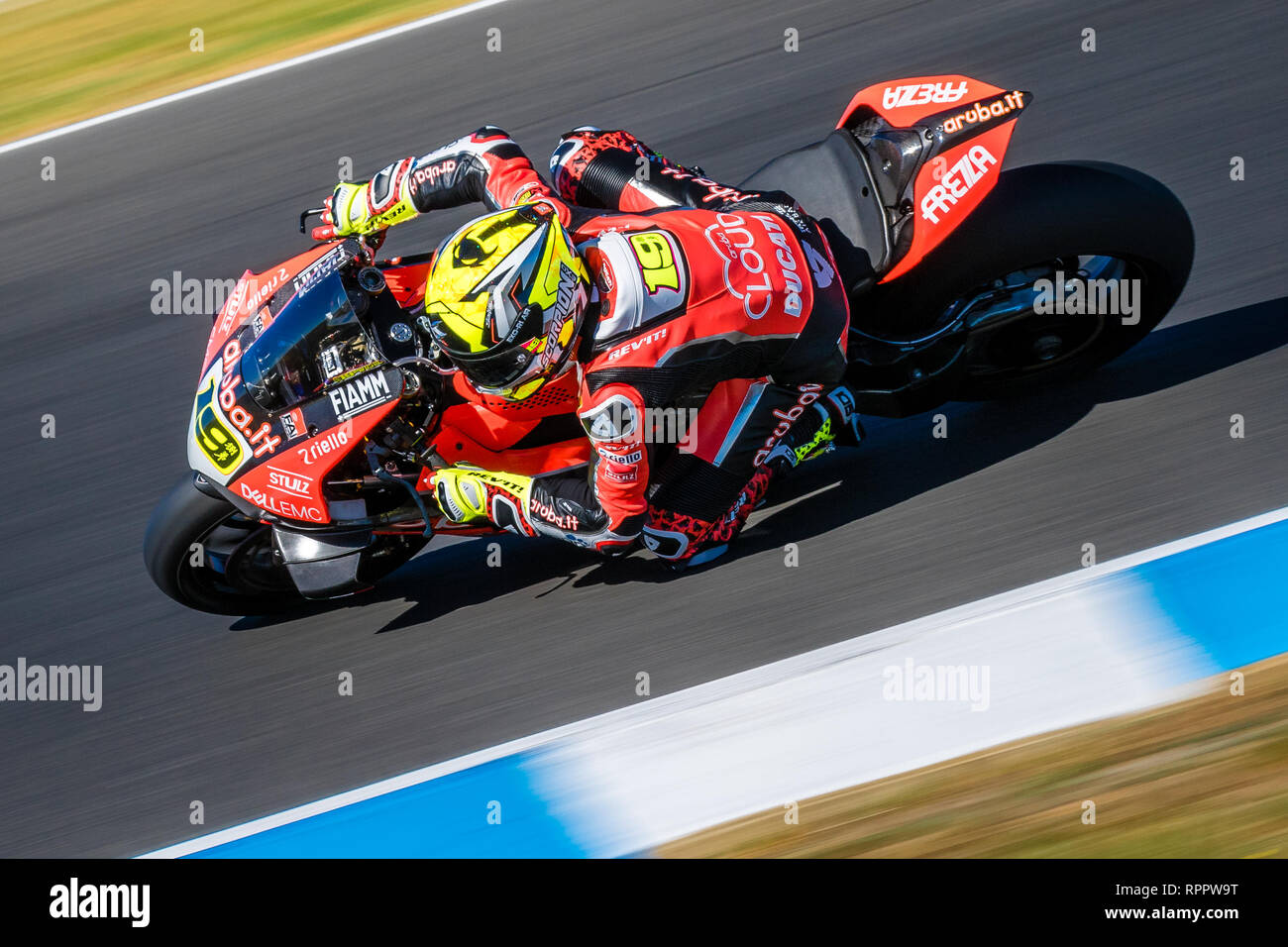 Melbourne, Australien. 23. Feb 2019. Alvaro Bautista 19 Reiten für Aruba.it Racing Ducati während der 2019 MOTUL FIM Superbike Weltmeisterschaft auf Phillip Island, Australien am 23. Februar 2019. Credit: Dave Hewison Sport/Alamy leben Nachrichten Stockfoto