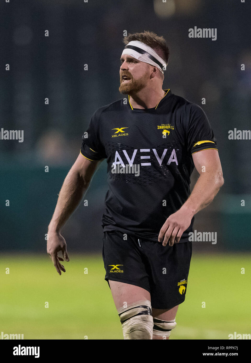 Februar 22, 2019 Houston SaberCats lock Matt Trouville (5) während des Spiels zwischen dem Toronto Pfeile und das Houston SaberCats im Sternbild Feld, Sugar Land, Texas. Vollzeit Toronto Pfeile schlagen die Houston SaberCats 44-27. © Maria Lysaker/Cal Sports Media Stockfoto