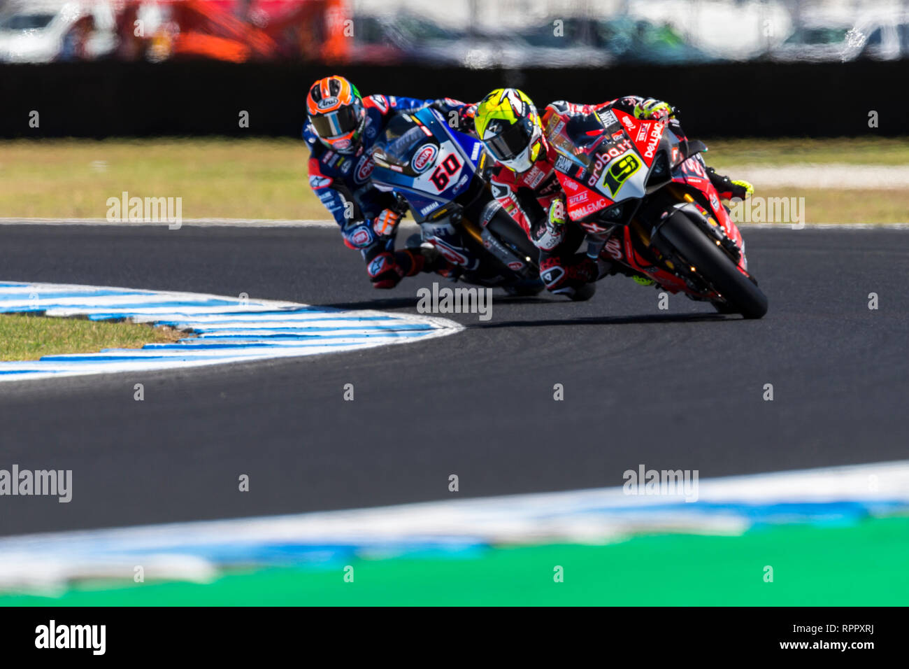 Phillip Island, Australien. 23 Feb, 2019. World Superbikes Meisterschaft, Qualifikation; Alvaro Bautista, Michael van der Mark während der superpole Credit: Aktion plus Sport/Alamy leben Nachrichten Stockfoto