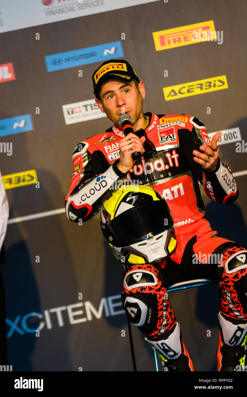 Melborune, Australien. 23. Feb 2019. Alvaro Bautista 19 Reiten für Aruba.it Racing Ducati während der 2019 MOTUL FIM Superbike Weltmeisterschaft auf Phillip Island, Australien am 23. Februar 2019. Credit: Dave Hewison Sport/Alamy leben Nachrichten Stockfoto