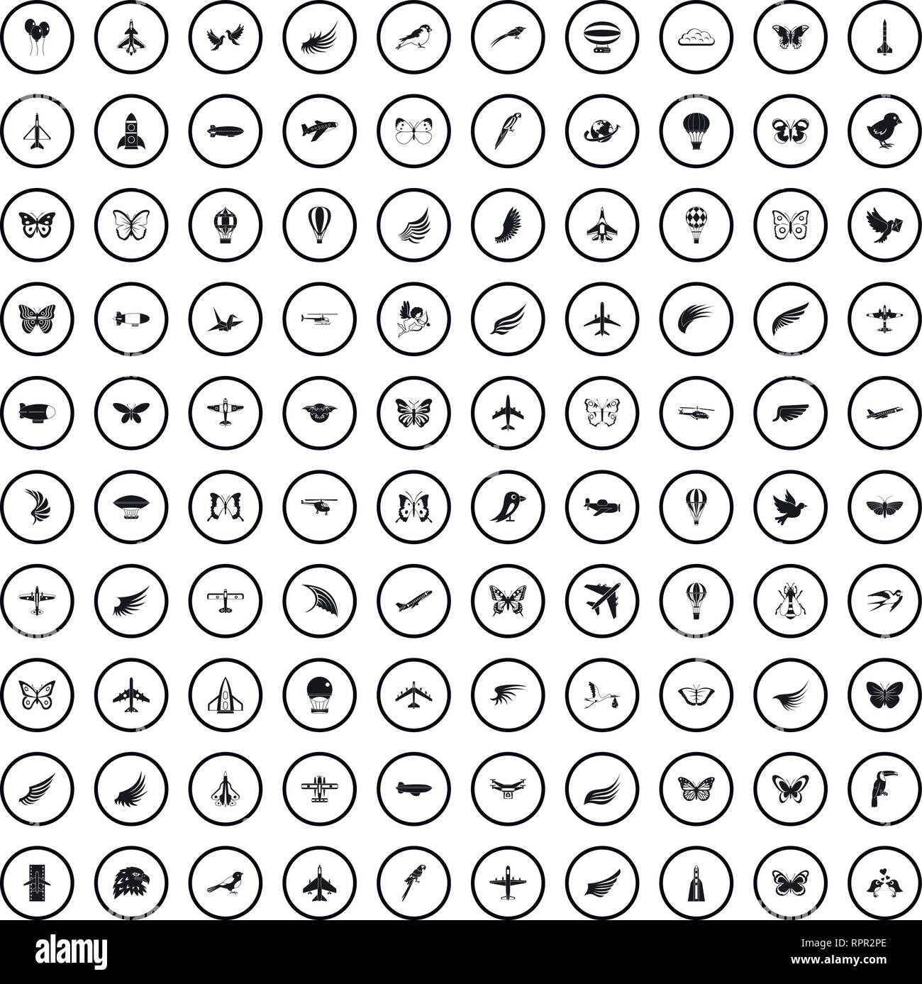 100 fliegen Icons Set, einfachen Stil Stock Vektor