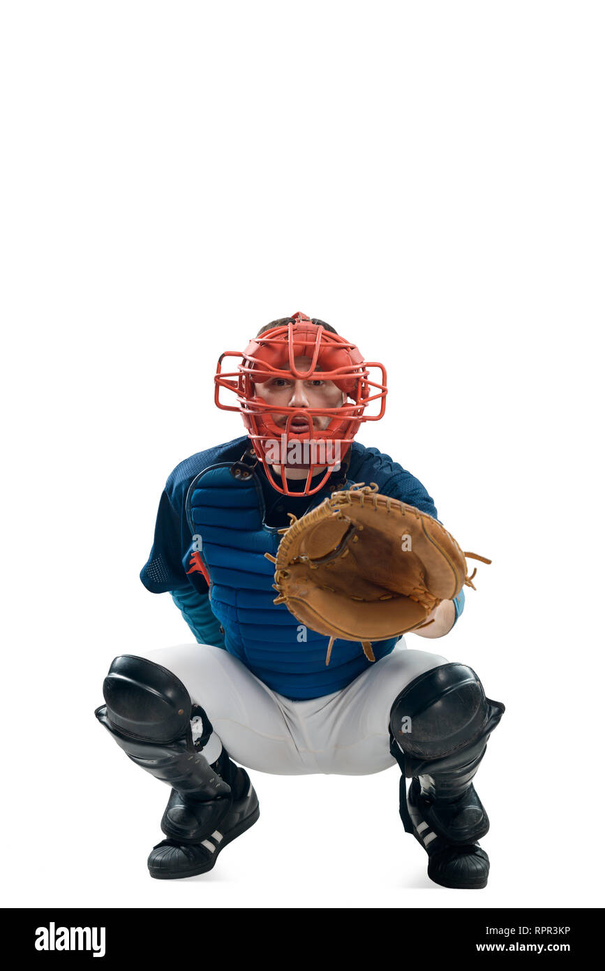 Catcher hocken hinter der Home Plate Stockfoto