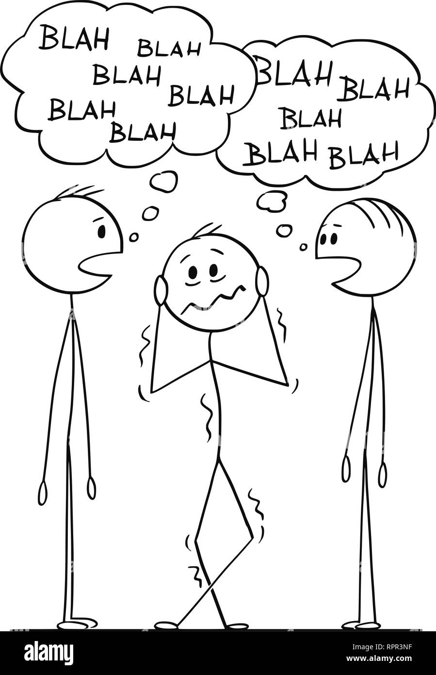 Cartoon von frustrierter Mann hören zwei Männer Gespräch mit Blah-Blah Sprechblasen Stock Vektor