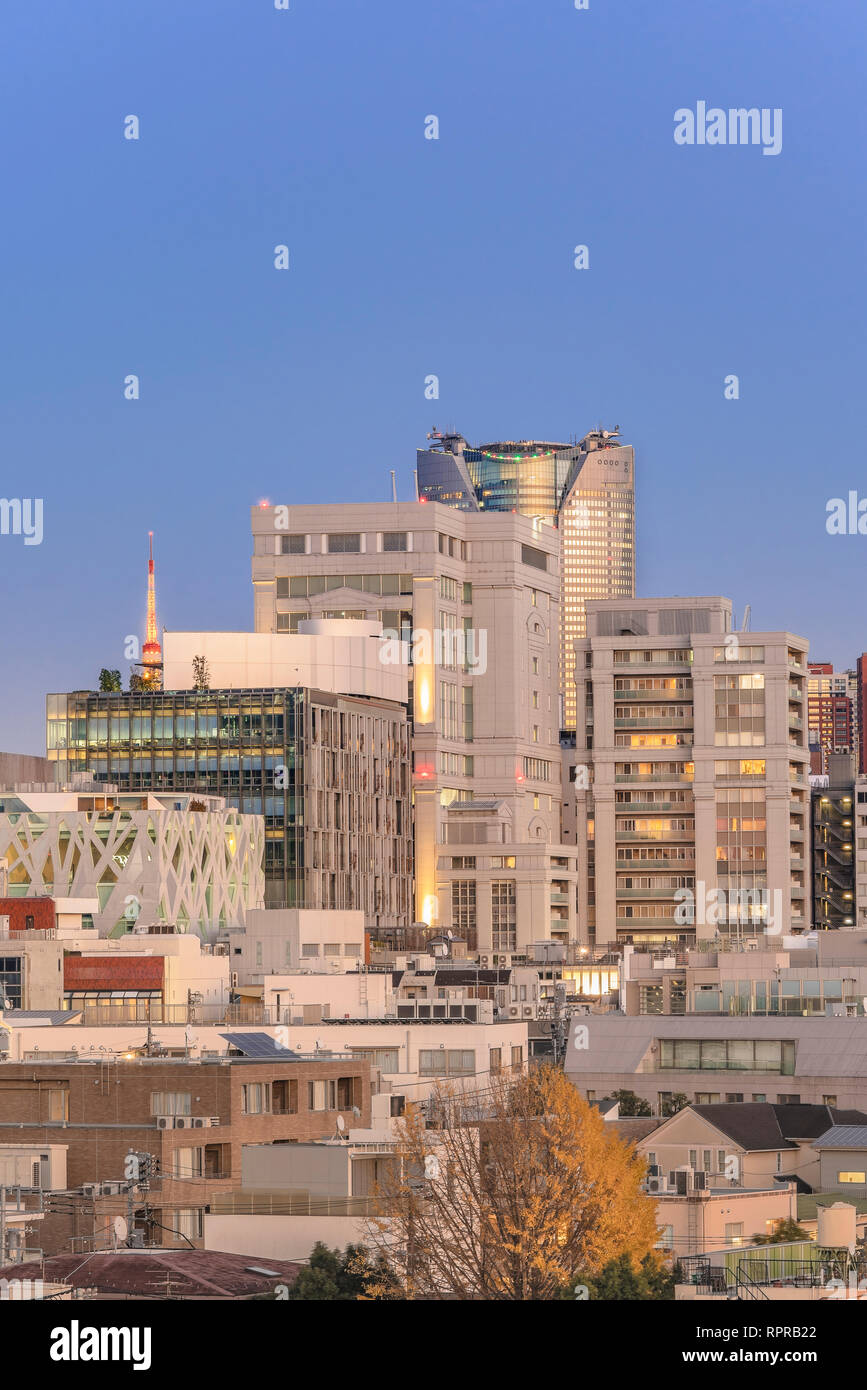 Bird's Sicht der Bezirk der japanischen Jugend Kultur Mode von Harajuku Gassen mit Roppongi Hills und TOD'S Omotesando Gebäude im Hintergrund Stockfoto