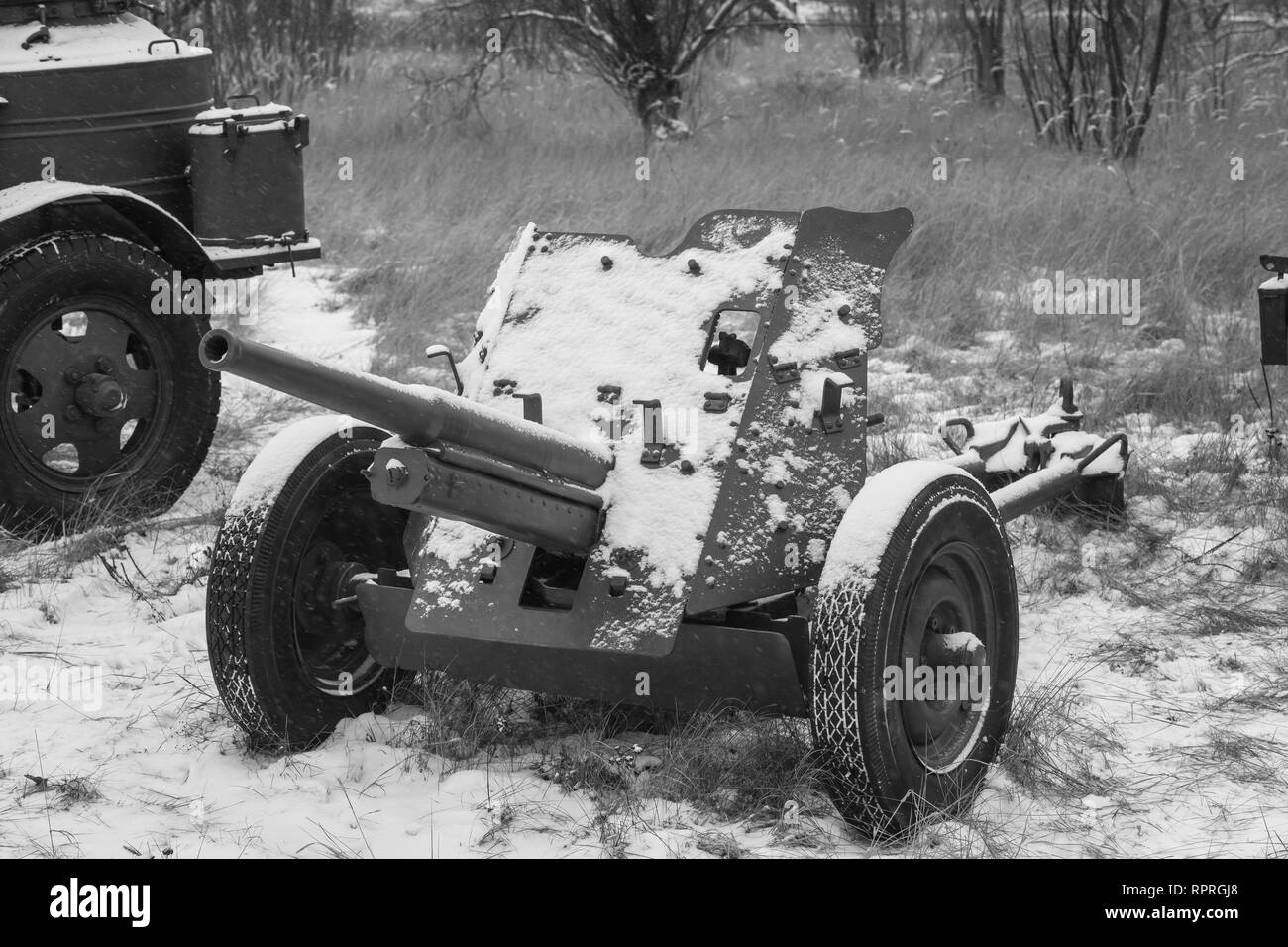 Russisch-Sowjetischen 45mm Anti-tank Gun. Es war die wichtigste Anti-tank Weapon Artillerie Einheiten der Roten Armee im Zweiten Weltkrieg WW II. Stockfoto