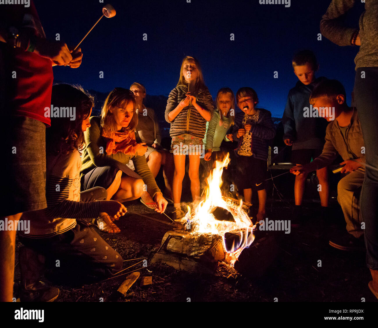 Kinder toasten Marshmallows über einem Lagerfeuer auf einem Campingplatz in Sussex, UK Stockfoto