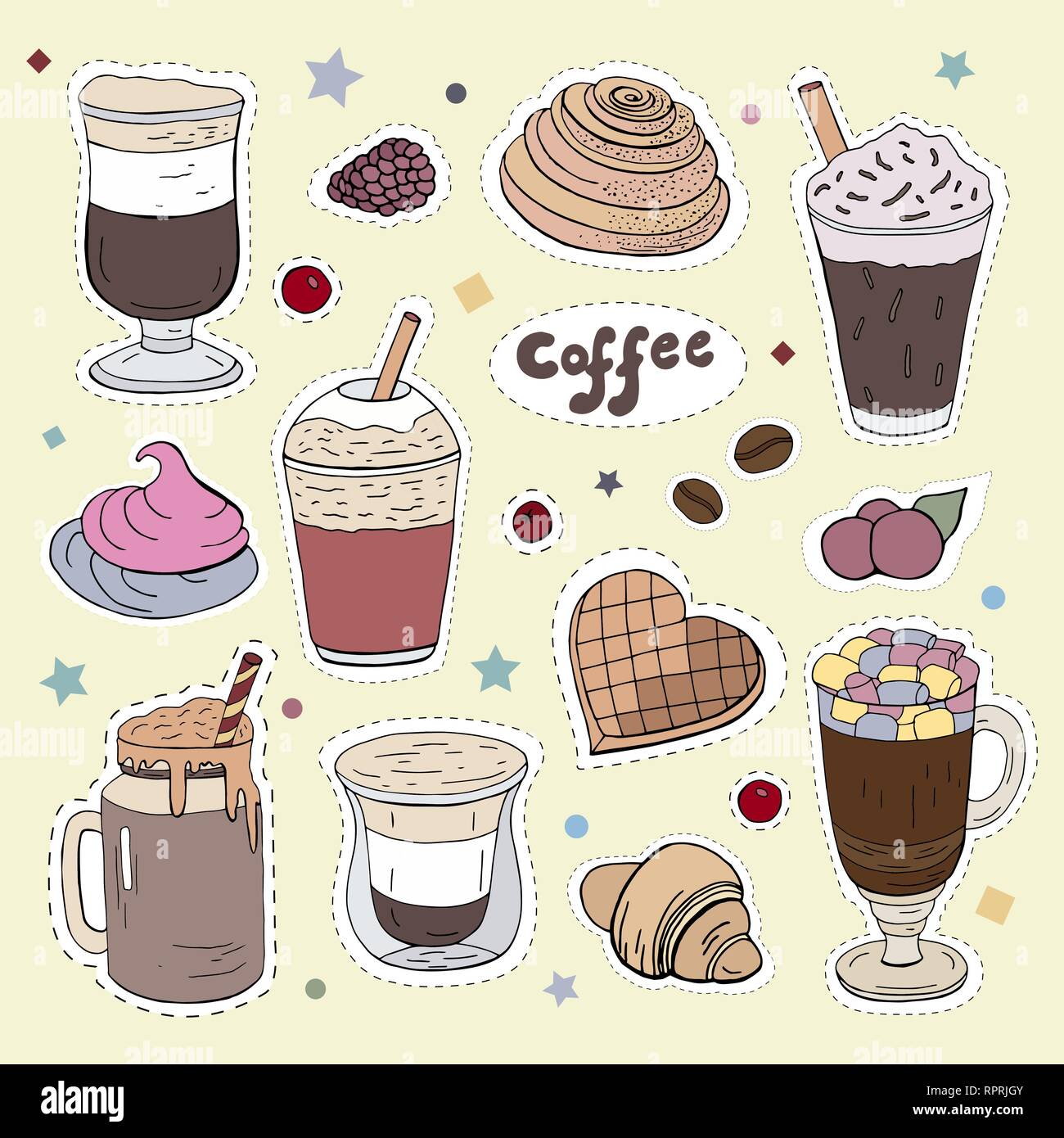 Patches mit verschiedenen Arten von Kaffee. Stock Vektor