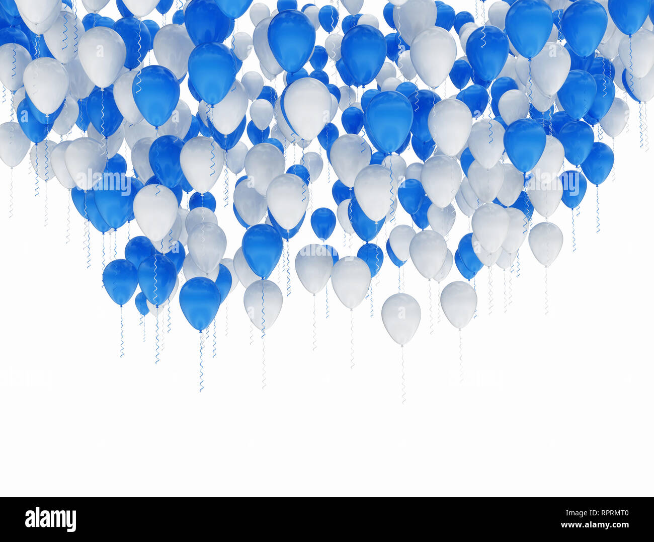 Feier Hintergrund mit blauen und weißen Luftballons, auf weißem Hintergrund. 3D-Rendering Stockfoto