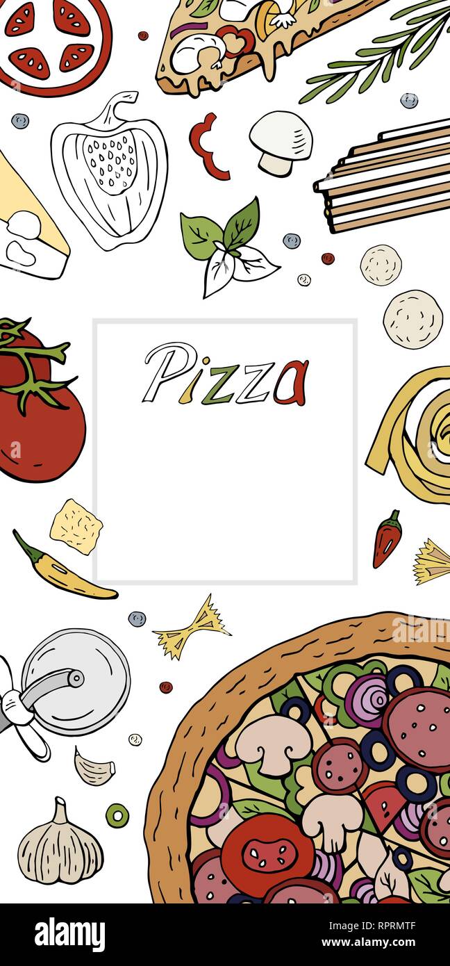 Vektor senkrecht italienische Pizza Banner auf Weiß. Pizza Menü mit Hand gezeichnet pizza Sammlung Stock Vektor