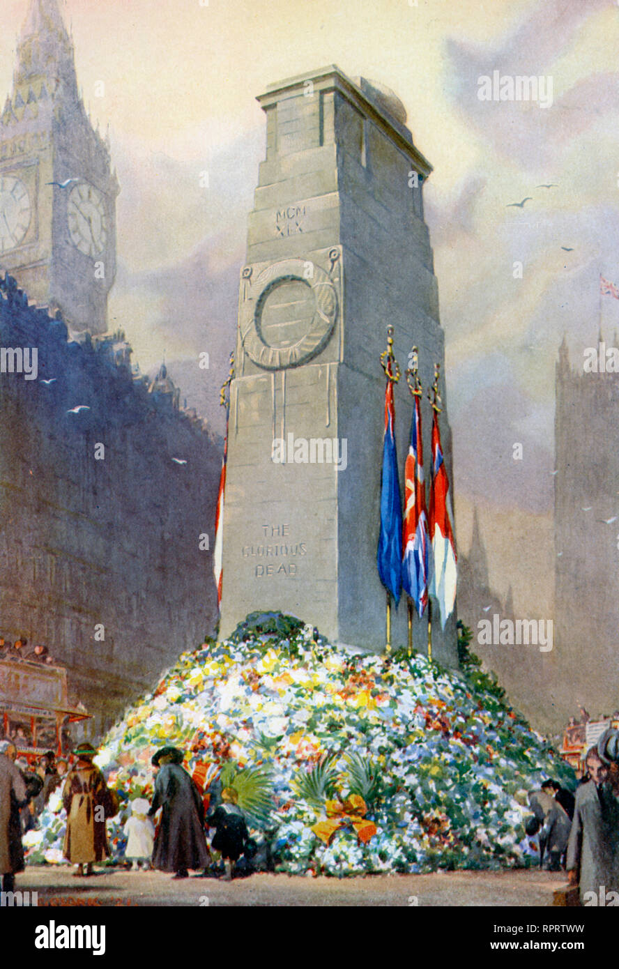 The Empire's Tribute to 'The Glorious Dead', c1925. Das Cenotaph ist ein Kriegsdenkmal auf Whitehall, London, England. Sein Ursprung liegt in einer temporären Struktur, die nach dem Ende des Ersten Weltkriegs für eine Friedensparade errichtet wurde. Sie wurde 1920 durch eine permanente Struktur ersetzt und zum offiziellen nationalen Kriegsdenkmal des Vereinigten Königreichs ernannt. Stockfoto