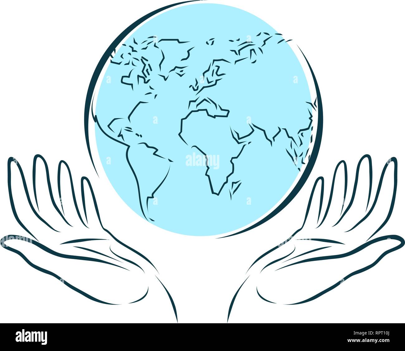 Händen hält sorgfältig weltweit. Welt, Reisen, Ökologie Logo. Vector Illustration Stock Vektor