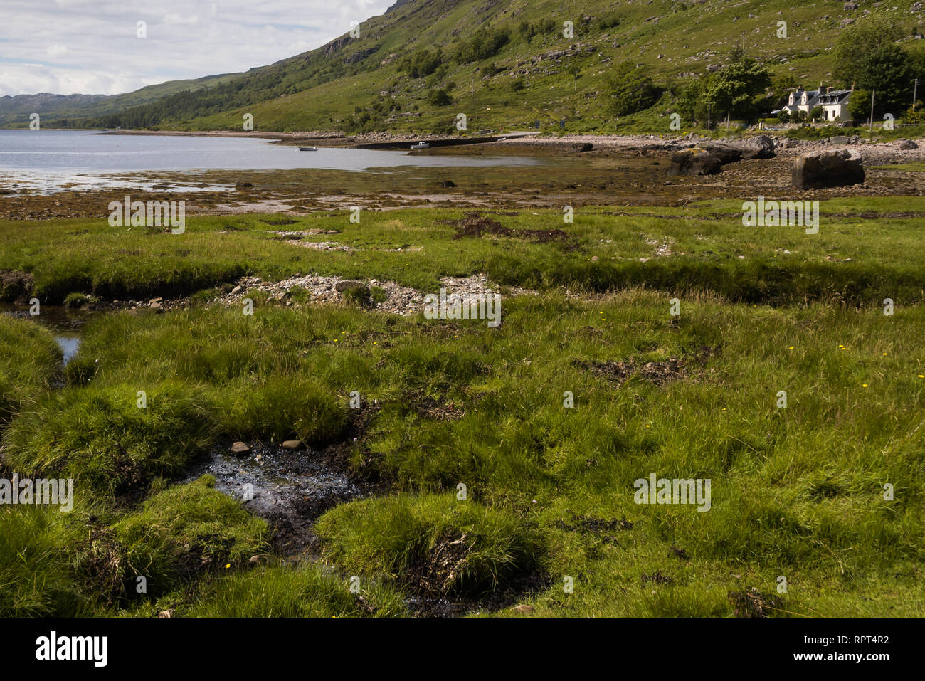 Typische Landschaft mit Küste und Weiden auf der gälischen Halbinsel Applecross, Strathcarron, Innere Hebriden, Schottland, Großbritannien Stockfoto