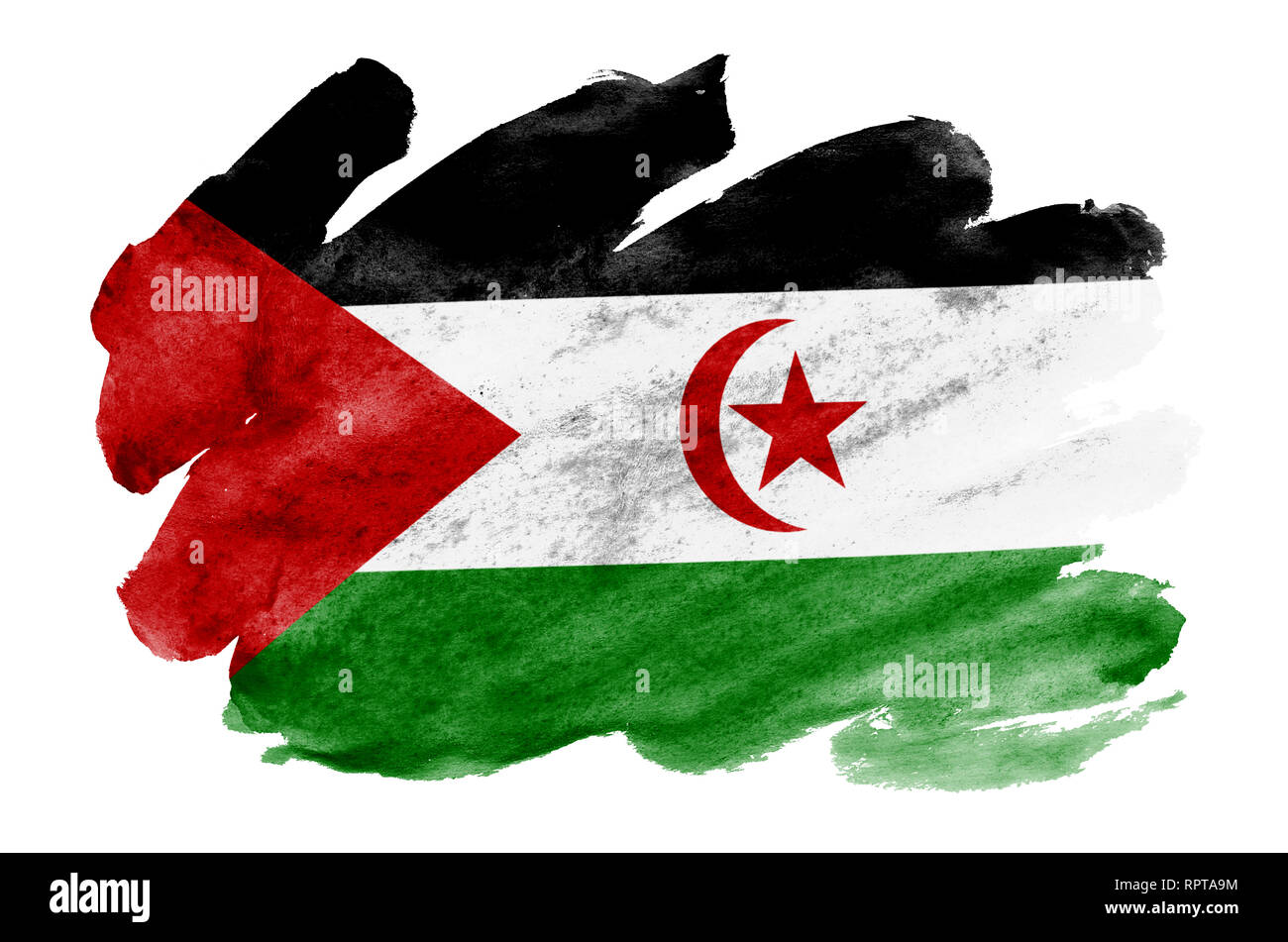 Westsahara Flagge ist in flüssiger Aquarell Stil auf weißem Hintergrund dargestellt. Unvorsichtige Farbe Beschattung mit Bild der nationalen Flagge. Unab Stockfoto