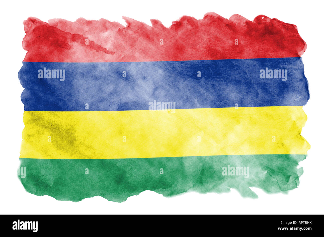 Mauritius Flagge ist in flüssiger Aquarell Stil auf weißem Hintergrund dargestellt. Unvorsichtige Farbe Beschattung mit Bild der nationalen Flagge. Unabhängigkeit Stockfoto