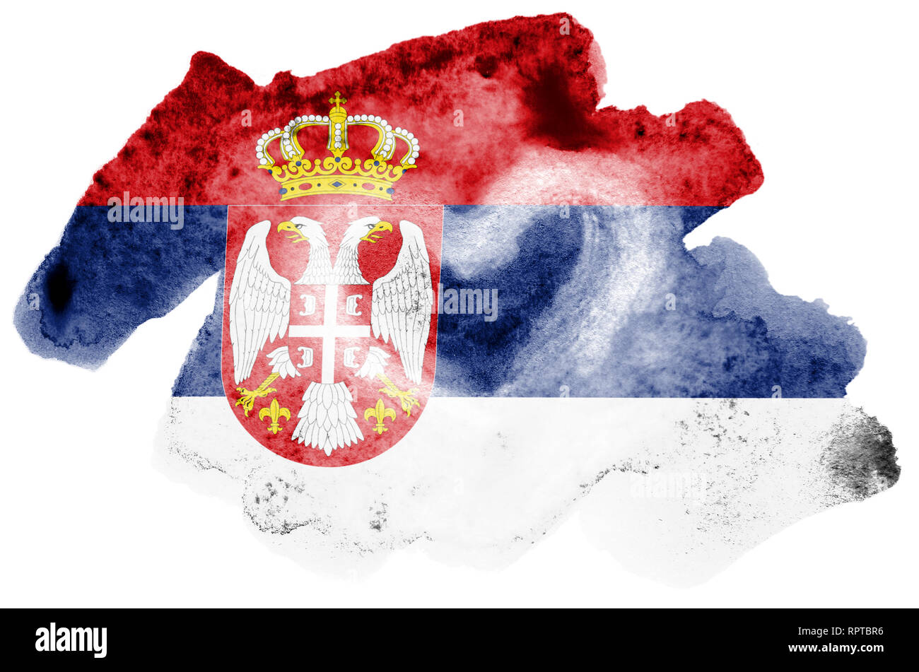 Serbien Flagge ist in flüssiger Aquarell Stil auf weißem Hintergrund dargestellt. Unvorsichtige Farbe Beschattung mit Bild der nationalen Flagge. Tag der Unabhängigkeit Stockfoto