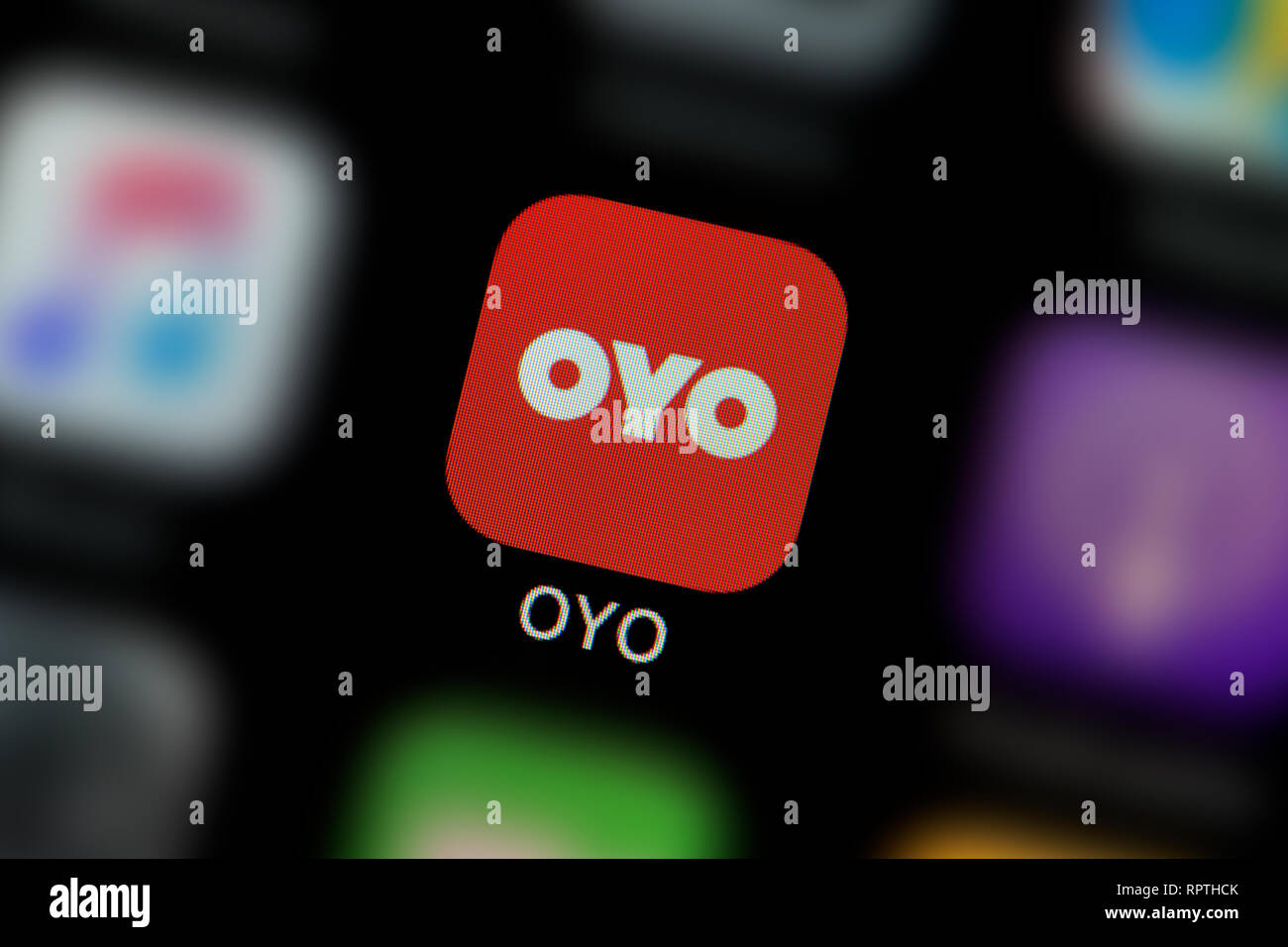 Eine Nahaufnahme der Oyo Zimmer App Symbol, wie auf dem Bildschirm eines Smartphones (nur redaktionelle Nutzung) Stockfoto