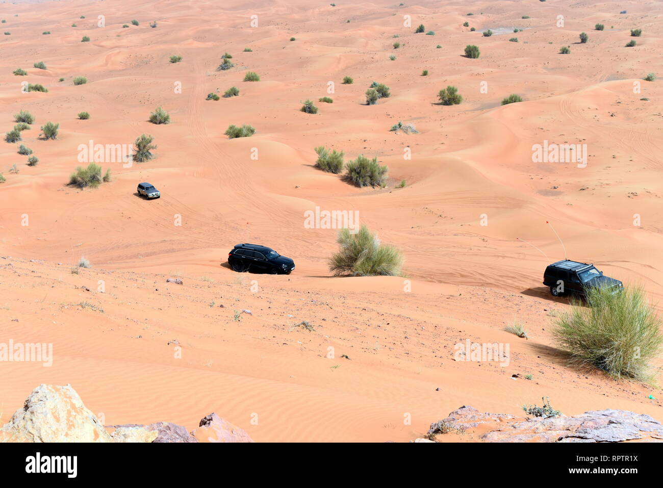 Um Rosa Rock, Sharjah, Vereinigte Arabische Emirate, 22. Februar 2019, Off-roading ist eine der größten Attraktionen in Vereinigte Arabische Emirate und Rosa Rock ist Stockfoto