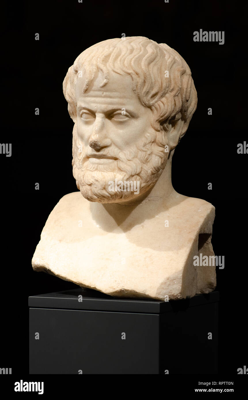 Philosophie. Aristoteles. Die Marmorbüste des großen Philosophen Aristoteles, 2005 bei archäologischen Ausgrabungen gefunden, Acropolis Museum von Athen Stockfoto