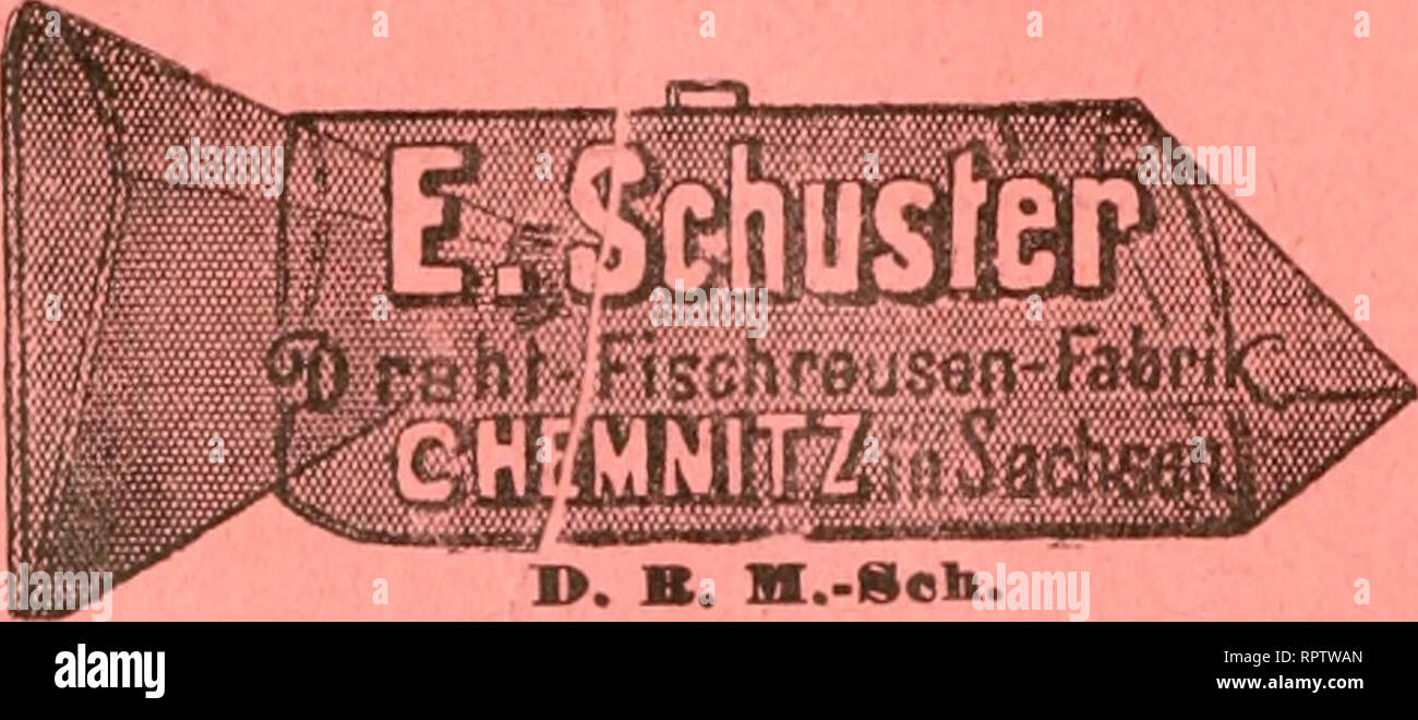 . Allgemeine Fischerei-Zeitung. Als Gutfängig prämiiert wurden meine Draht-Fischreusen vom Bayerischen Landes-Fischereiverein auf der Münchener Sport - Ausstellunsr 1899 II. Allg. Fischerei-Ausstellung Nürnberg 1904: Silberne Medaille für besonders praktische Reusen.. I&gt;. B.M.-Sch. Selbe Empfehle als Spezialfabrikate in 10 Sorten und Grössen mit 6 mm, 13 mm und 25 mm Maschenweite. Ausserdem Flaclik&amp; Bten-von-Draht, mit und ohne Bassin u. s. w. Anfertigung von Kensen und Flttgel / Massangabe schnellstens und billigst. = Illustr. Preisliste gratis und franko. = Julius Koch, Ingenieur M Stockfoto