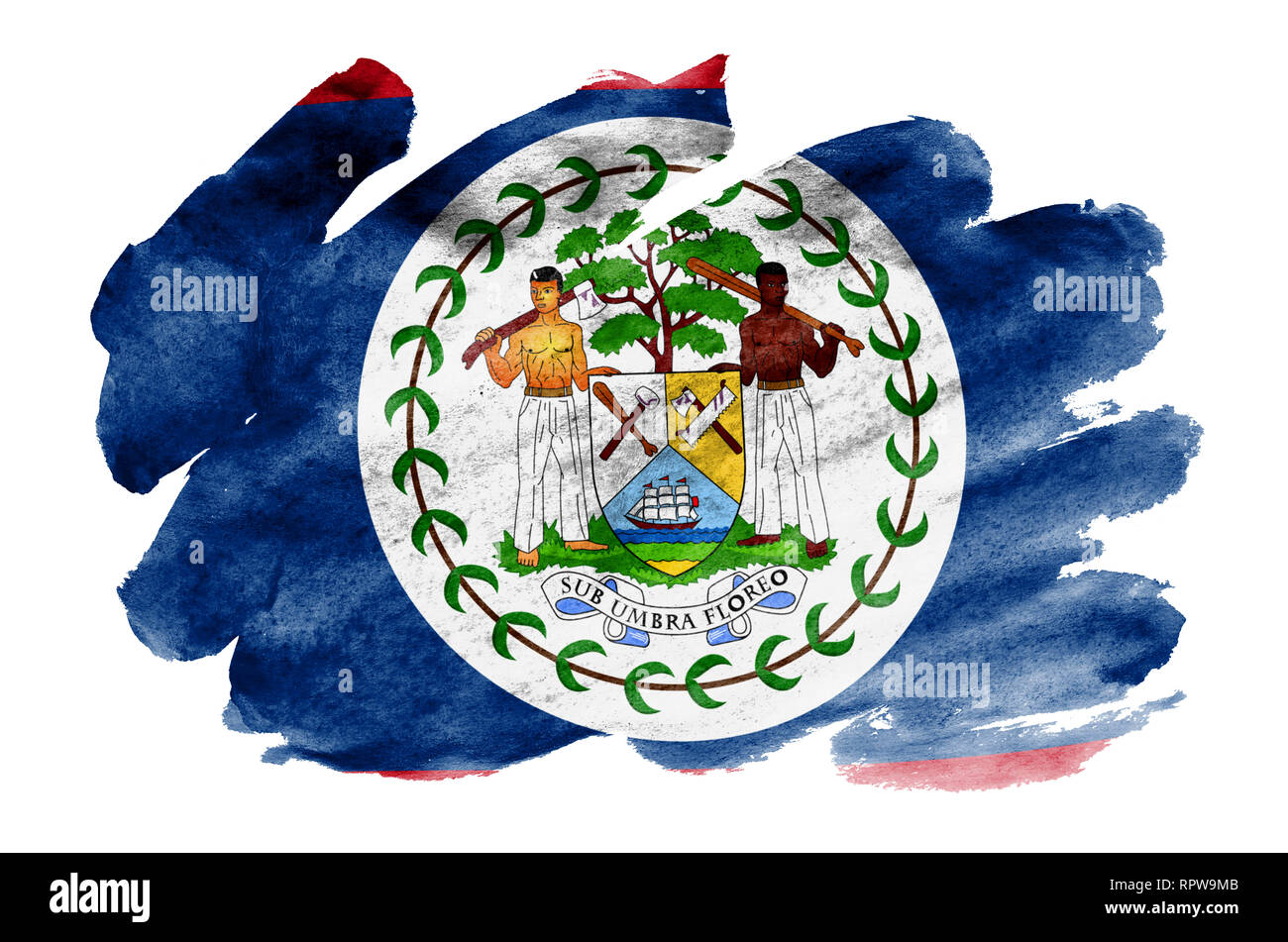 Belize Fahne ist in flüssiger Aquarell Stil auf weißem Hintergrund dargestellt. Unvorsichtige Farbe Beschattung mit Bild der nationalen Flagge. Tag der Unabhängigkeit Stockfoto