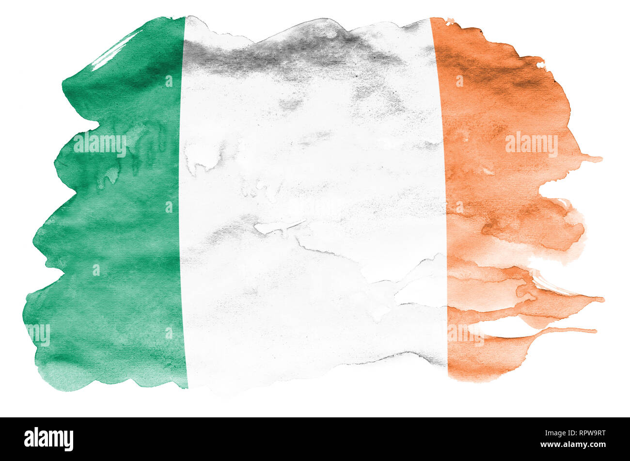 Irland Fahne ist in flüssiger Aquarell Stil auf weißem Hintergrund dargestellt. Unvorsichtige Farbe Beschattung mit Bild der nationalen Flagge. Unabhängigkeit Da Stockfoto