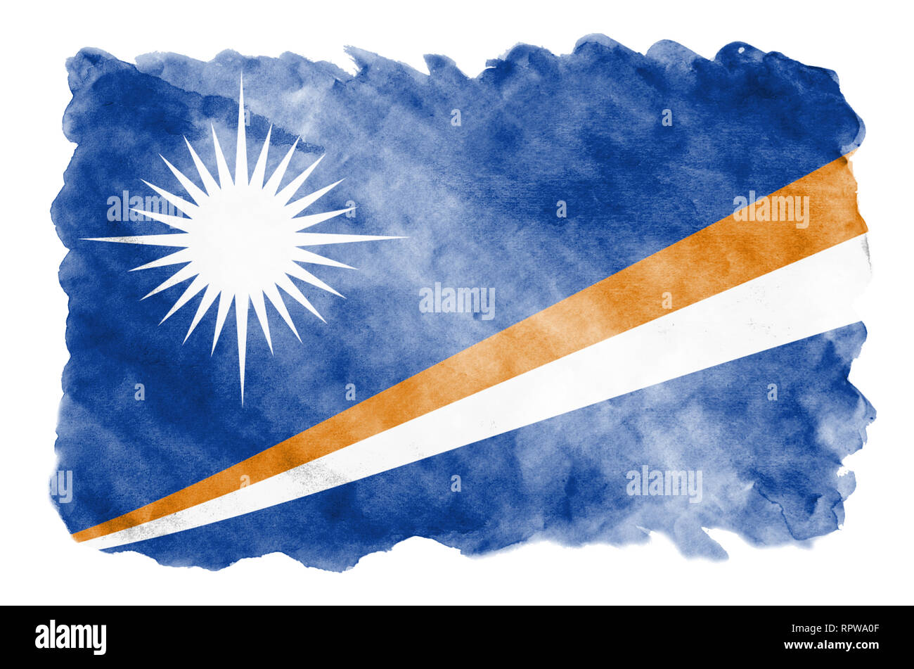 Marshall Inseln Flagge ist in flüssiger Aquarell Stil auf weißem Hintergrund dargestellt. Unvorsichtige Farbe Beschattung mit Bild der nationalen Flagge. Indepe Stockfoto