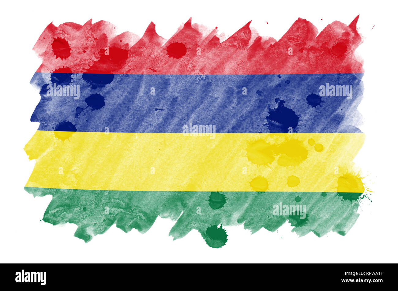 Mauritius Flagge ist in flüssiger Aquarell Stil auf weißem Hintergrund dargestellt. Unvorsichtige Farbe Beschattung mit Bild der nationalen Flagge. Unabhängigkeit Stockfoto