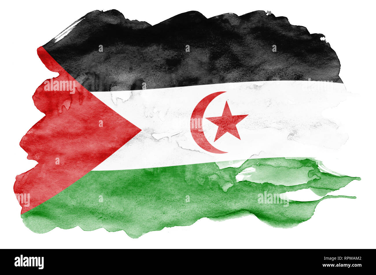 Westsahara Flagge ist in flüssiger Aquarell Stil auf weißem Hintergrund dargestellt. Unvorsichtige Farbe Beschattung mit Bild der nationalen Flagge. Unab Stockfoto