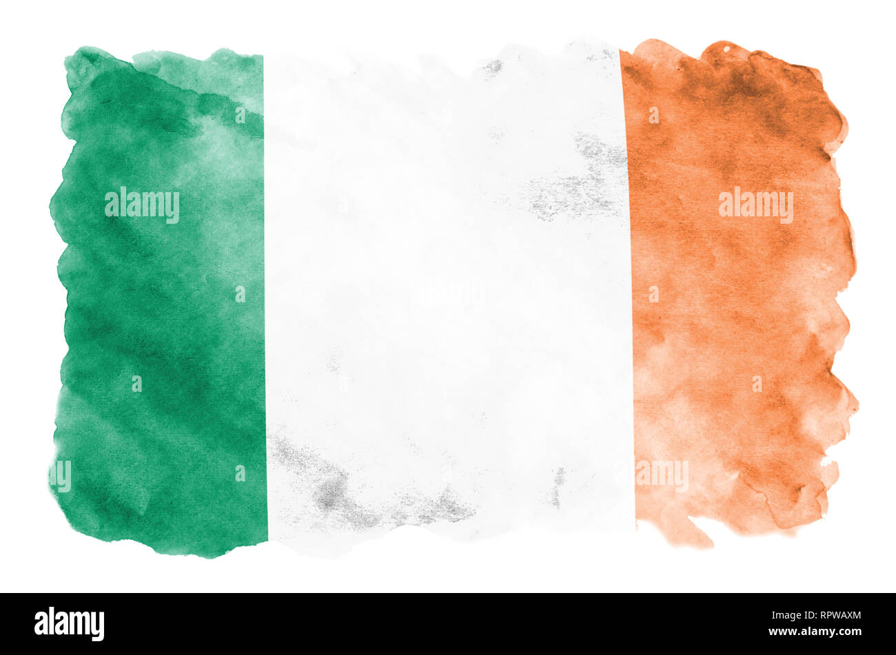 Irland Fahne ist in flüssiger Aquarell Stil auf weißem Hintergrund dargestellt. Unvorsichtige Farbe Beschattung mit Bild der nationalen Flagge. Unabhängigkeit Da Stockfoto