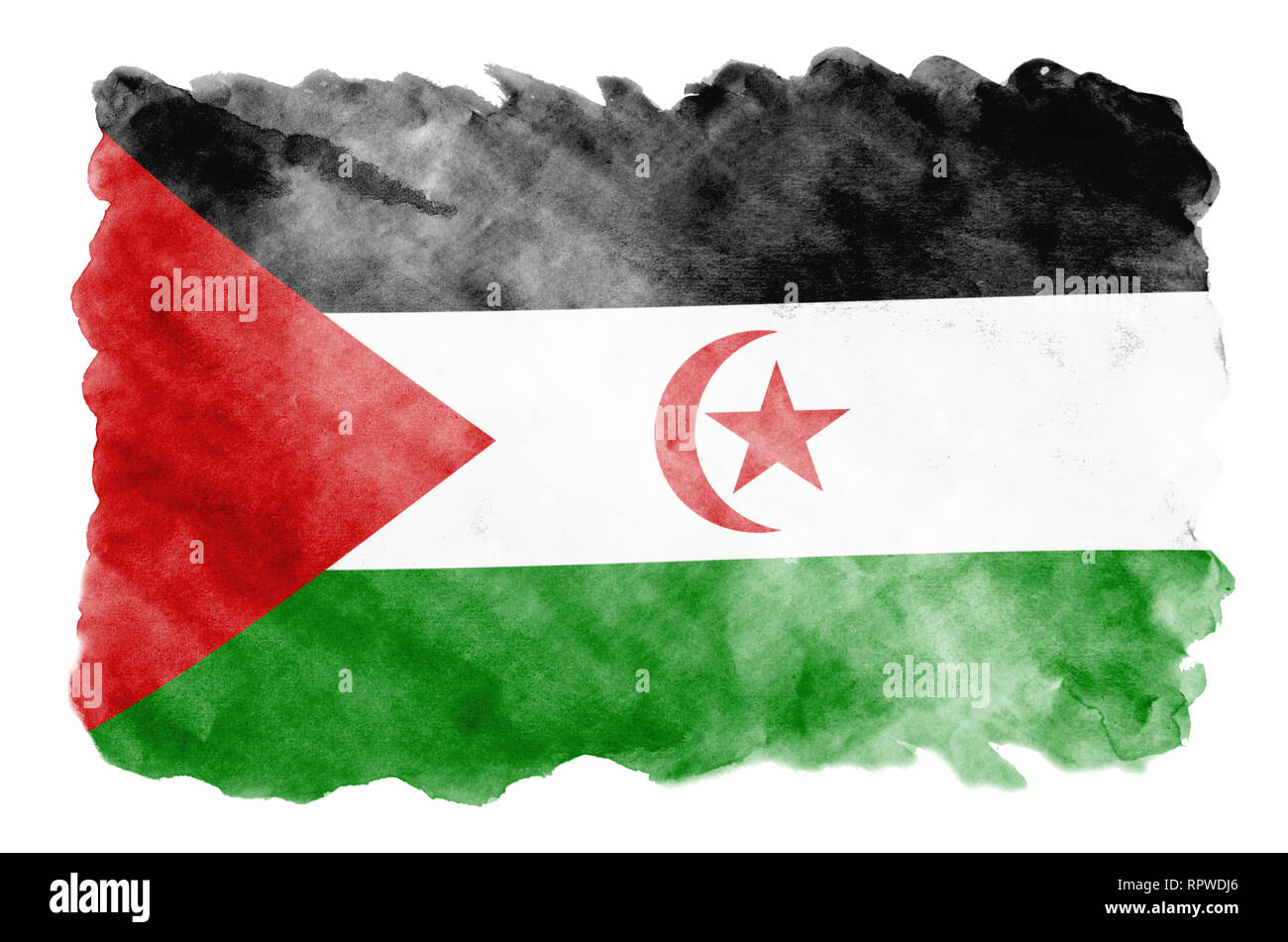 Westsahara Flagge ist in flüssiger Aquarell Stil auf weißem Hintergrund dargestellt. Unvorsichtige Farbe Beschattung mit Bild der nationalen Flagge. Unab Stockfoto