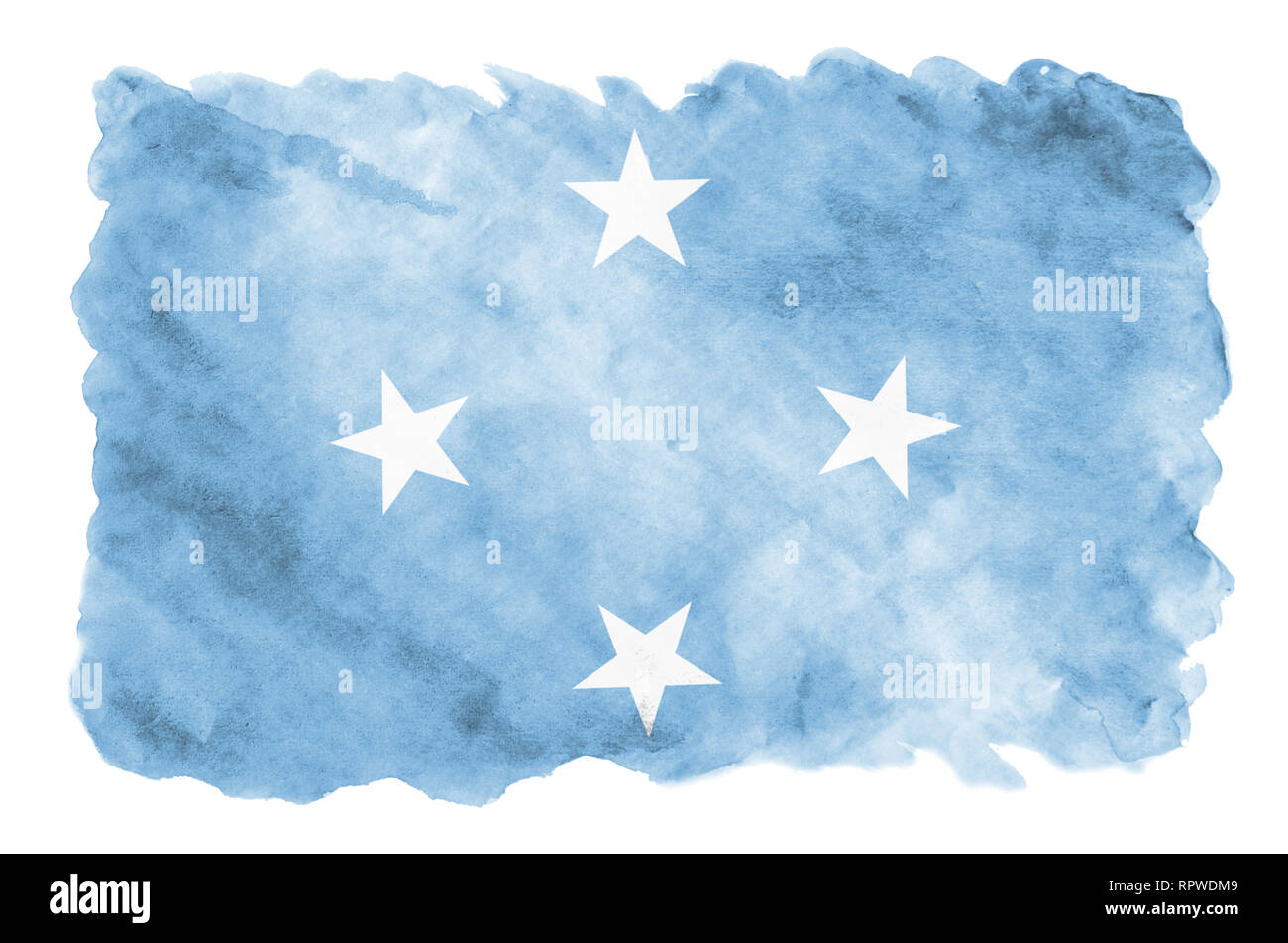 Mikronesien Flagge ist in flüssiger Aquarell Stil auf weißem Hintergrund dargestellt. Unvorsichtige Farbe Beschattung mit Bild der nationalen Flagge. Unabhängigkeit Stockfoto