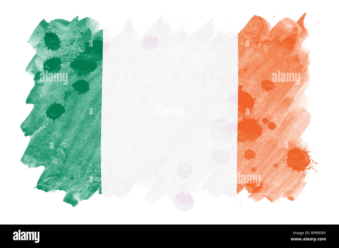 Irland Fahne ist in flüssiger Aquarell Stil auf weißem Hintergrund dargestellt. Unvorsichtige Farbe Beschattung mit Bild der nationalen Flagge. Unabhängigkeit Da Stockfoto