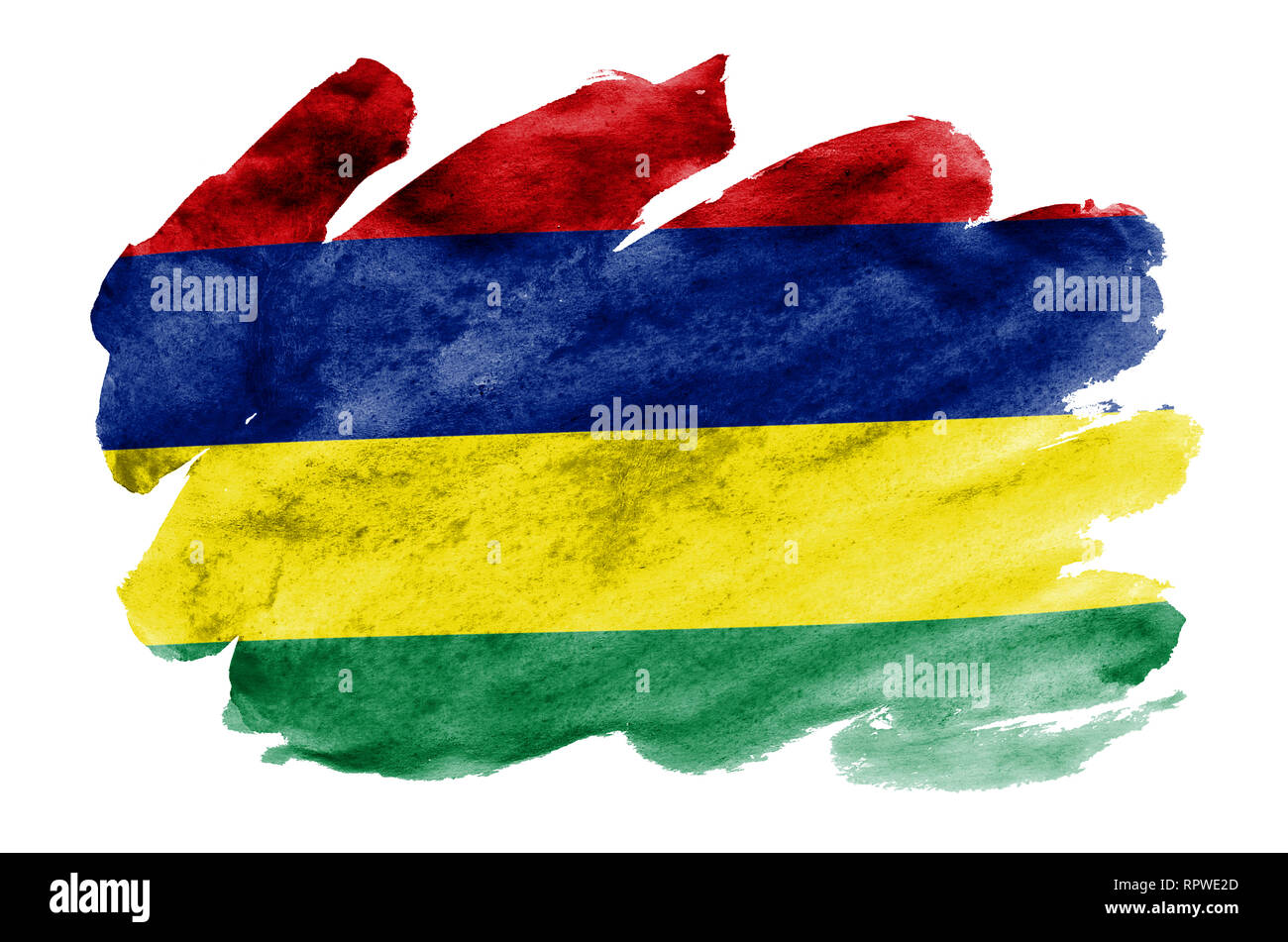 Mauritius Flagge ist in flüssiger Aquarell Stil auf weißem Hintergrund dargestellt. Unvorsichtige Farbe Beschattung mit Bild der nationalen Flagge. Unabhängigkeit Stockfoto