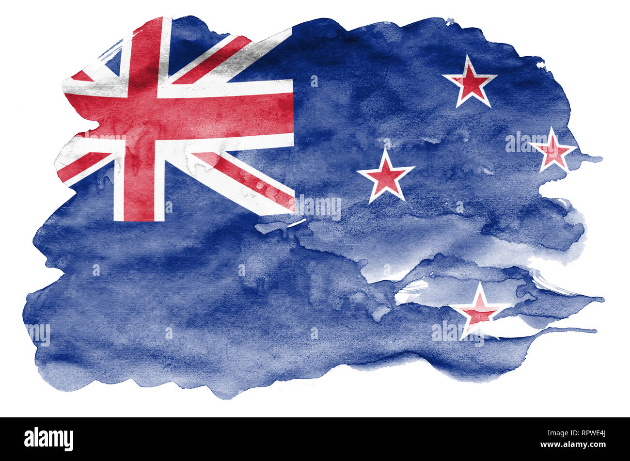 Neuseeland Flagge ist in flüssiger Aquarell Stil auf weißem Hintergrund dargestellt. Unvorsichtige Farbe Beschattung mit Bild der nationalen Flagge. Independenc Stockfoto
